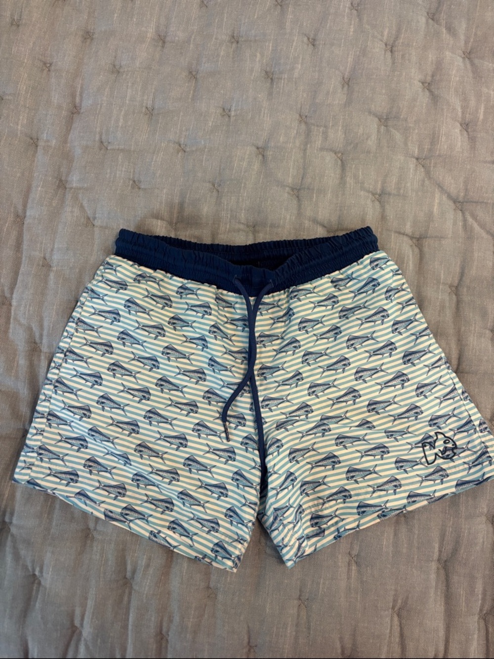 Kids Navy & Light Blue Shark Print Swim Trunks